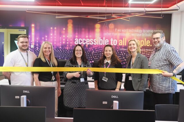 Dr Emily Myatt (Centre), Dean of the University Centre Truro & Penwith with Hayley McKinstry (second left), Director of Business Partnerships and Skills, Adele Bull (second right), Director of People, Culture and Curriculum, Charli Style (third right), Head of Business, Skills and Apprenticeships, flanked by Computing Lecturer Paul Smith and Alex Davies.