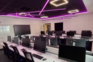 A newly refurbished computer room in Fal with purple lights.