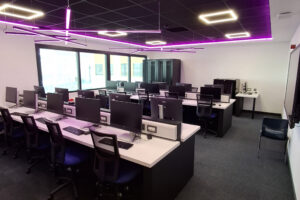 A newly refurbished computer room in Fal with purple lights.