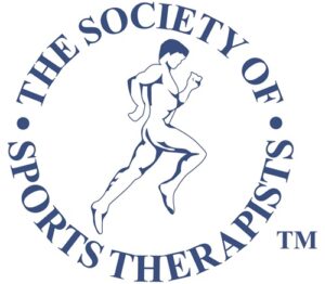 A logo for the society of sports therapists. The logo is blue and has an image of a man running with TM in the corner.