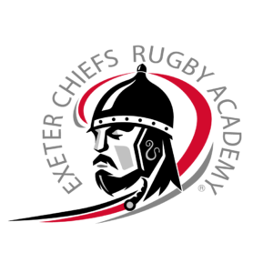 Exeter Chiefs Academy logo. A monochrome person wearing a helmet with the words around him.
