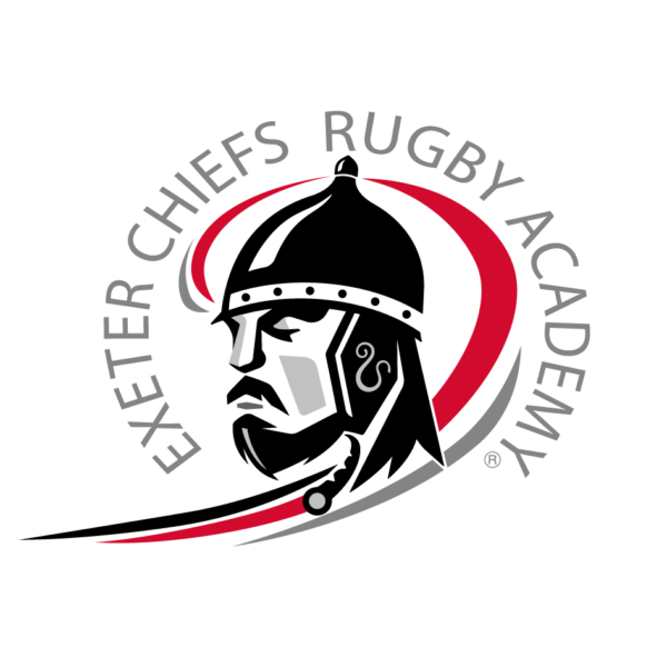Exeter Chiefs Academy logo. A monochrome person wearing a helmet with the words around him.