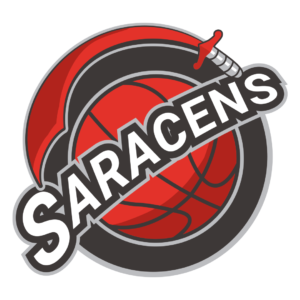 The Saracens logo of a basketball and a sword with the word 'Saracens' over the top.