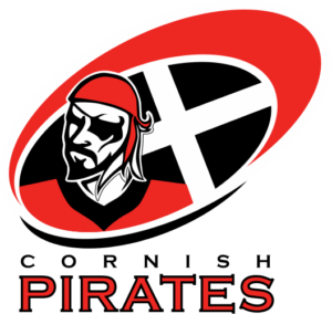 Cornish Pirates rugby logo. A red and black pirate against the cornish flag with the title below.