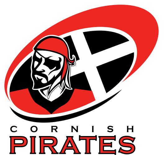 Cornish Pirates rugby logo. A red and black pirate against the cornish flag with the title below.