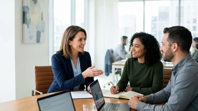A female corporate manager is leading a coaching session with two team members at a wooden conference table in a modern office. The manager is gesturing with her hand while explaining a concept, and the two employees are smiling and listening attentively. Laptops, open notebooks, and pens are placed on the table in front of them. The office features large windows with city views and glass walls, with other colleagues working in the background. The scene represents leadership, mentoring, and collaborative teamwork.