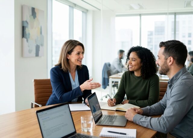 A female corporate manager is leading a coaching session with two team members at a wooden conference table in a modern office. The manager is gesturing with her hand while explaining a concept, and the two employees are smiling and listening attentively. Laptops, open notebooks, and pens are placed on the table in front of them. The office features large windows with city views and glass walls, with other colleagues working in the background. The scene represents leadership, mentoring, and collaborative teamwork.
