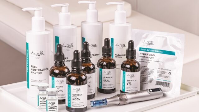 Bottles of skin products on a white tray. They are all Eve Taylor London products.