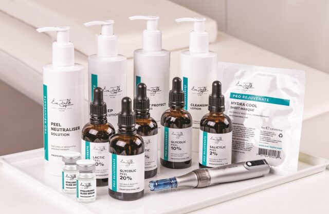 Bottles of skin products on a white tray. They are all Eve Taylor London products.